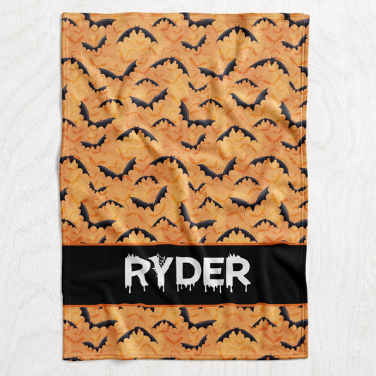 Custom Personalized Plush Minky Blanket - Orange Bats Name Block Style // 3 sizes