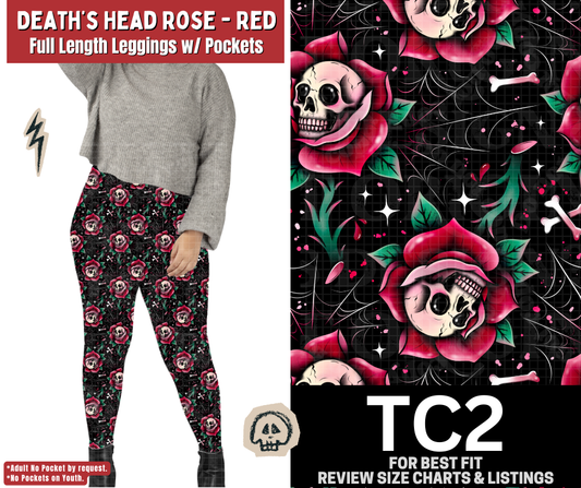 Death's Head Rose - Red Full Length Leggings w/ Pockets