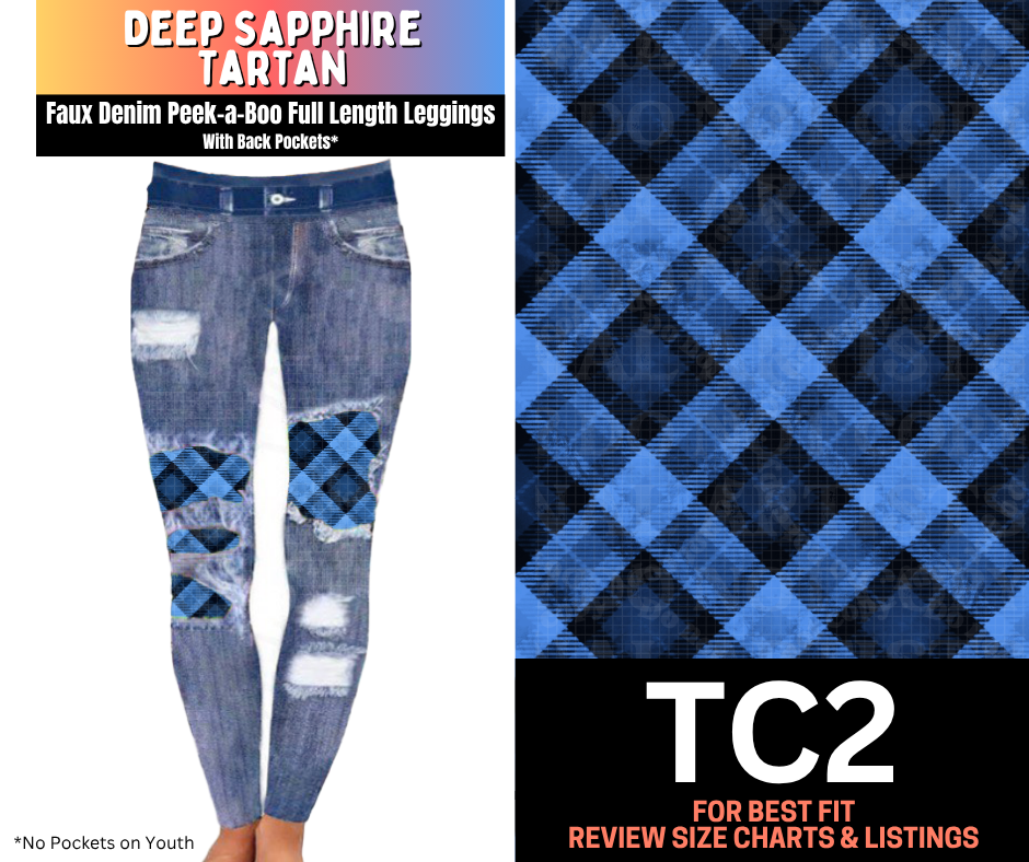 Deep Sapphire Tartan Faux Denim Full Length Peekaboo Leggings