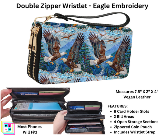 Eagle Embroidery Friends Double Zipper Wristlet