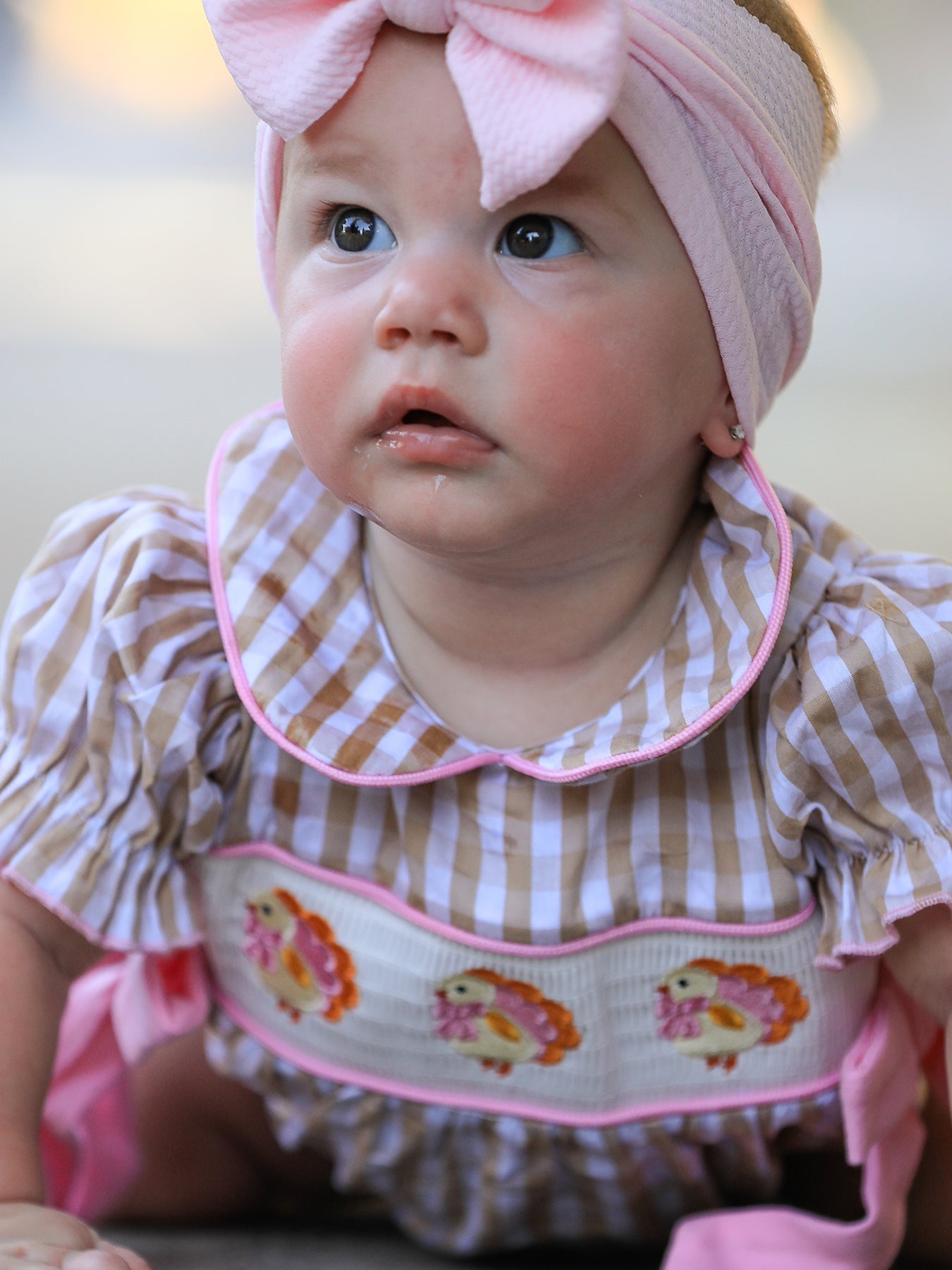 Fall Thanksgiving Lapel Plaid Chick Embroidery Smocking Bow Baby Girls Romper