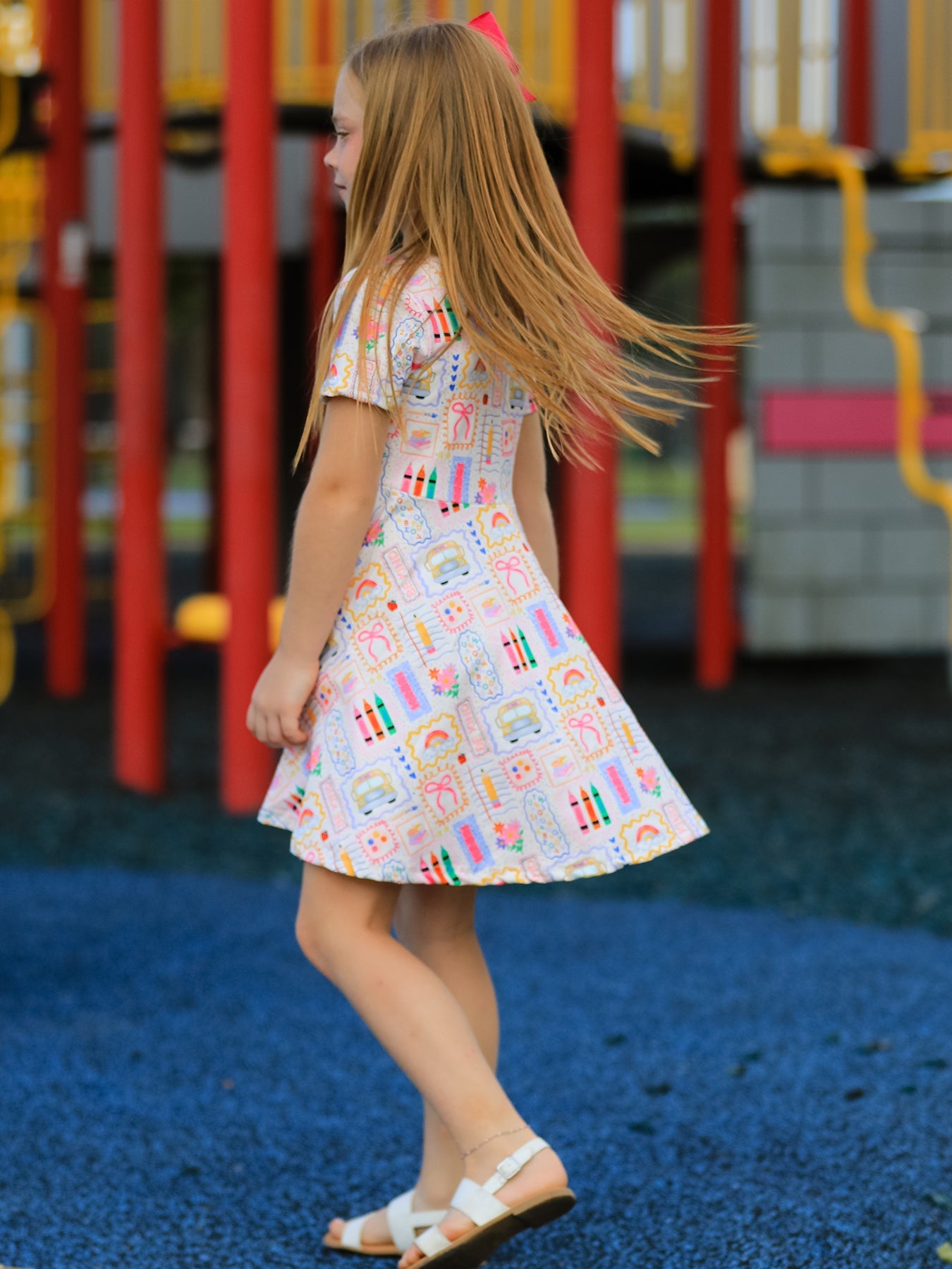 Back to School Rainbow Print Girls Dress Short Sleeve