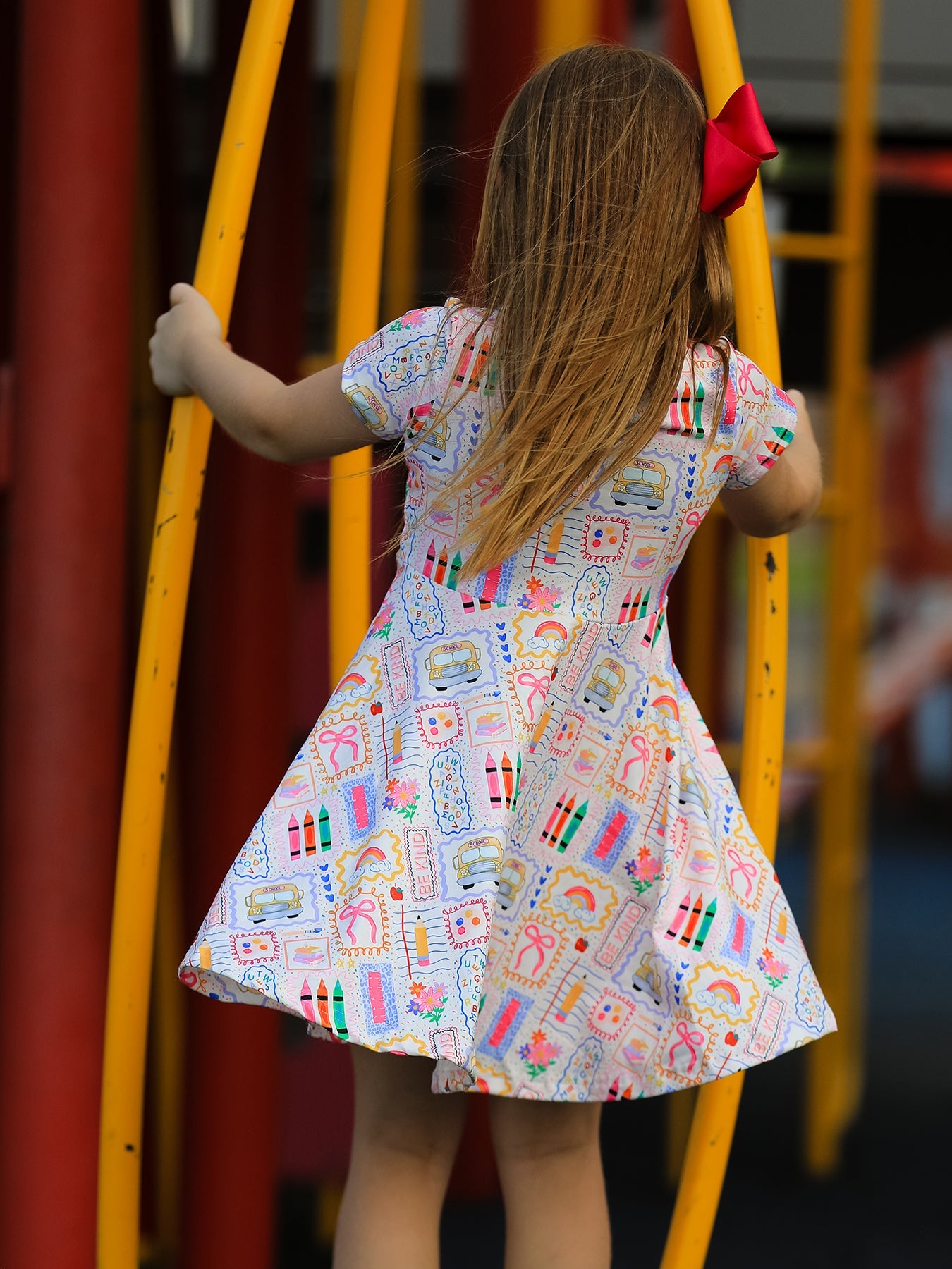 Back to School Rainbow Print Girls Dress Short Sleeve