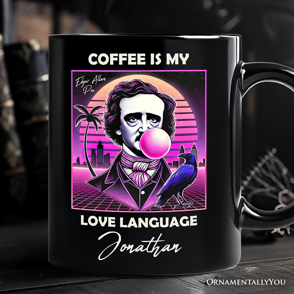 Synthwave 80's Styled Edgar Allan Poe Horror Personalized Mug, Vaperwave Classic Retro Neon Halloween Gift with Custom Name