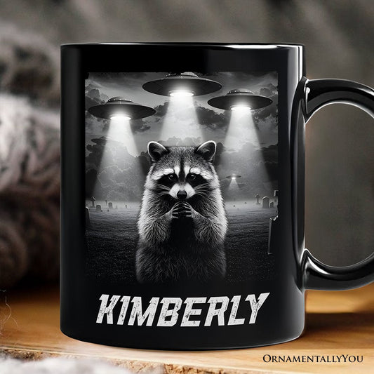 Funny Raccoon UFO Personalized Mug, Unisex Black Gift with Custom Name