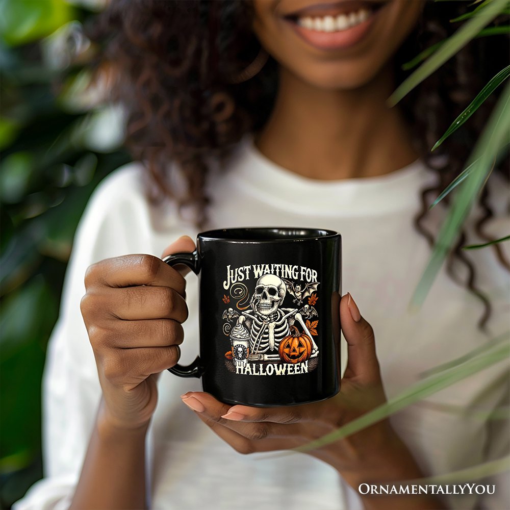 Just Waiting for Halloween Personalized Mug, Spooky Skeleton Gift with Custom Name