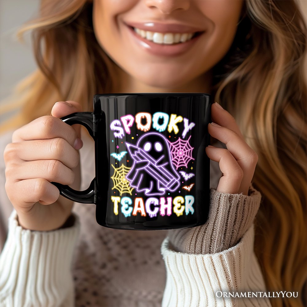 Spooky Teacher Neon Ghost Personalized Mug, Retro Halloween Gift with Custom Name for Educators