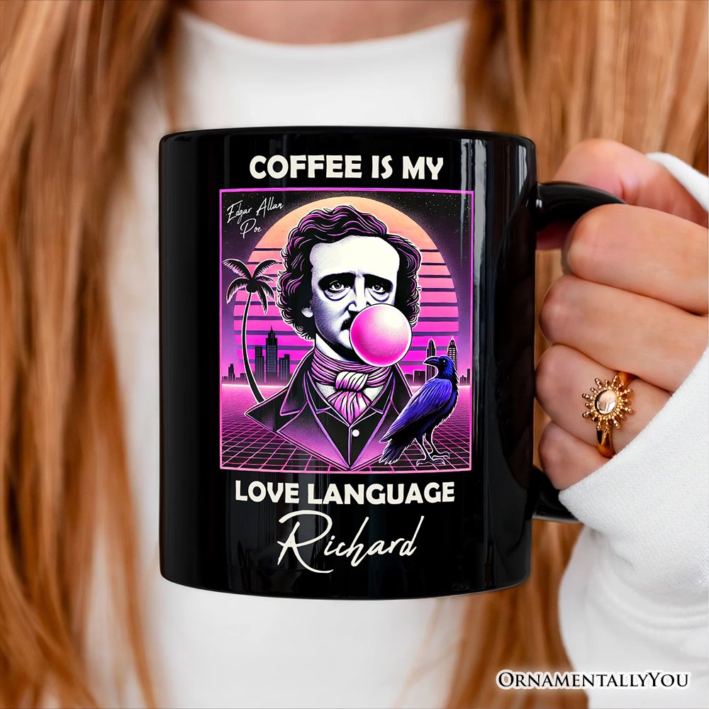 Synthwave 80's Styled Edgar Allan Poe Horror Personalized Mug, Vaperwave Classic Retro Neon Halloween Gift with Custom Name
