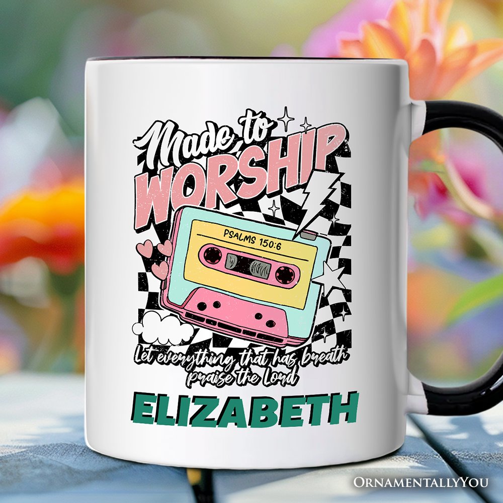 Made to Worship Christian Retro Personalized Mug, Psalm 150:6 Bible Verse Gift with Custom Name
