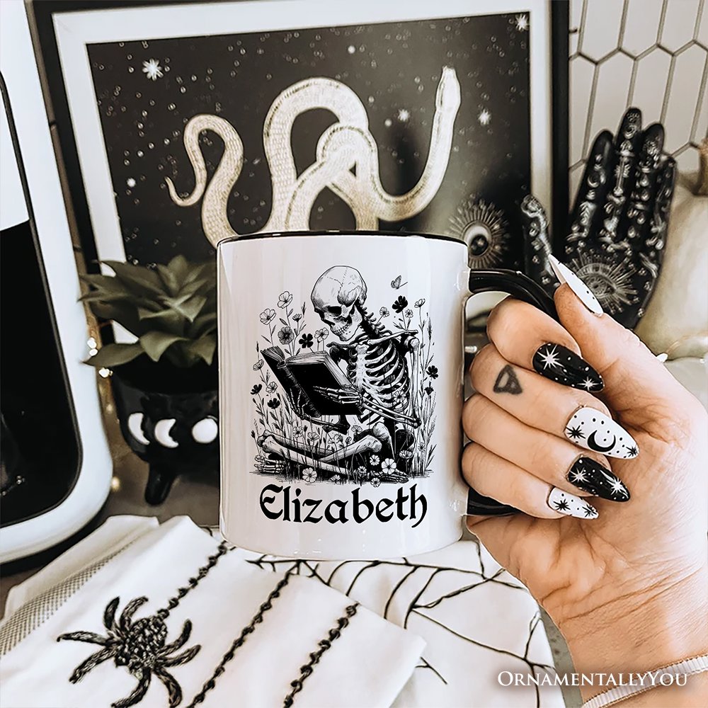 Gothic Reading Skeleton Personalized Mug, Floral Halloween Gift with Custom Name