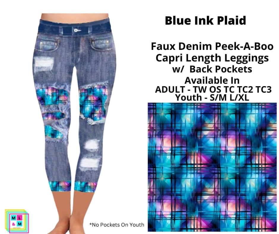 Blue Ink Plaid Faux Denim Capri Leggings