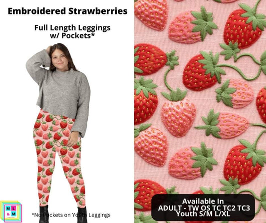 Embroidered Strawberries Full Length Leggings w/ Pockets