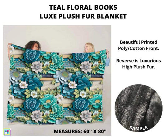 Teal Floral Books Luxe Plush Fur Blanket