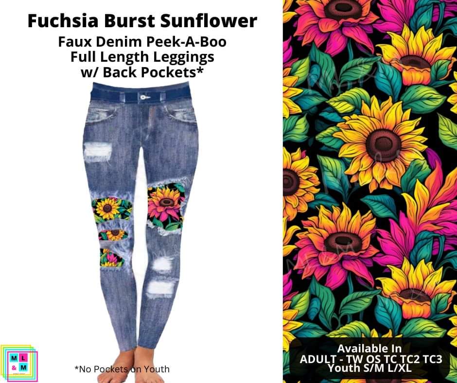 Fuchsia Burst Sunflower Faux Denim Full Length Peekaboo Leggings