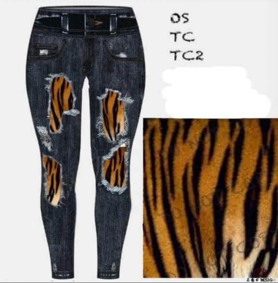 Black Tiger Faux Denim leggings, capris, and shorts
