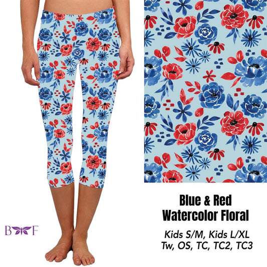 Blue & Red Watercolor Floral Capris