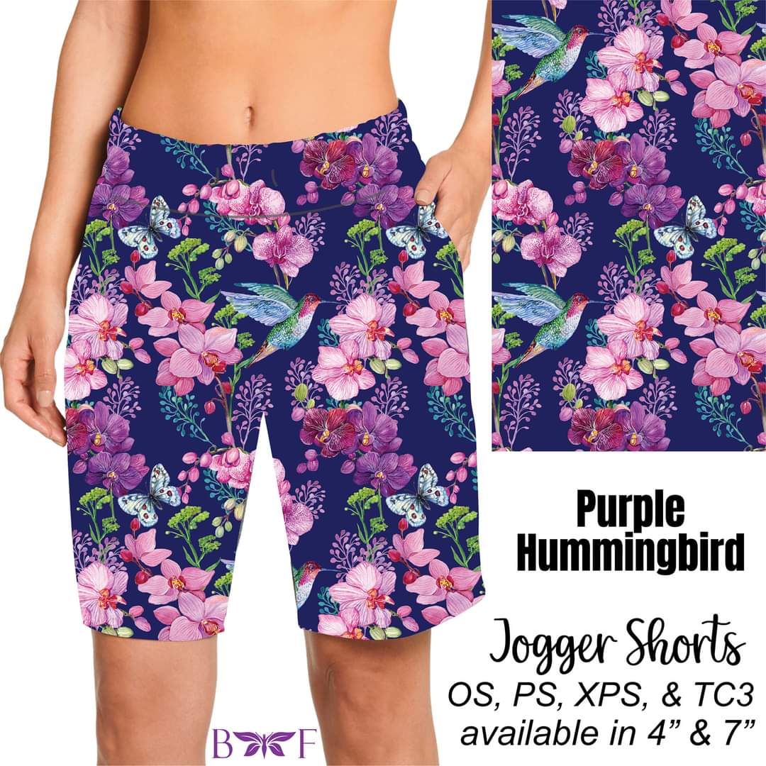 Purple Hummingbird Capris and Shorts with pockets