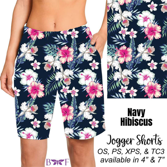 Navy Hibiscus Bike Shorts with pockets