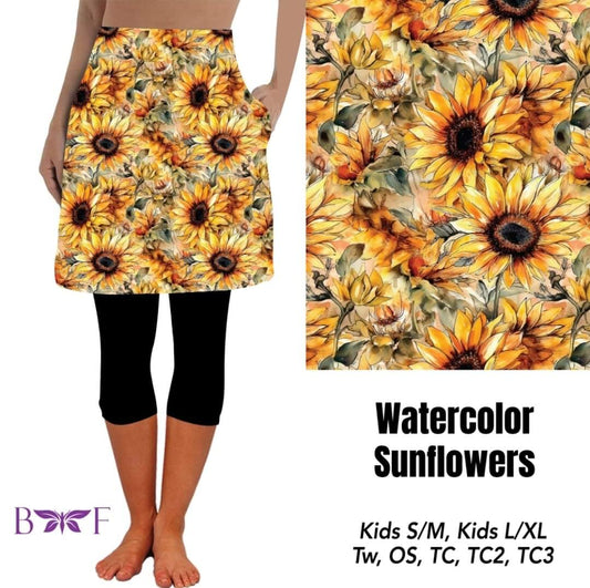 Watercolor Sunflower Skirted Capris