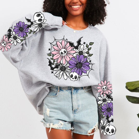 FLOWER SKULLS AND BATS SWEATSHIRT W SLEEVE PRINTS