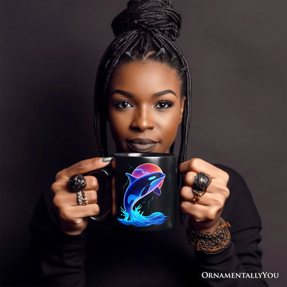 Orca Neon Synthwave Retro Personalized Mug, Vaporwave Sunset Ocean Gift with Custom Name