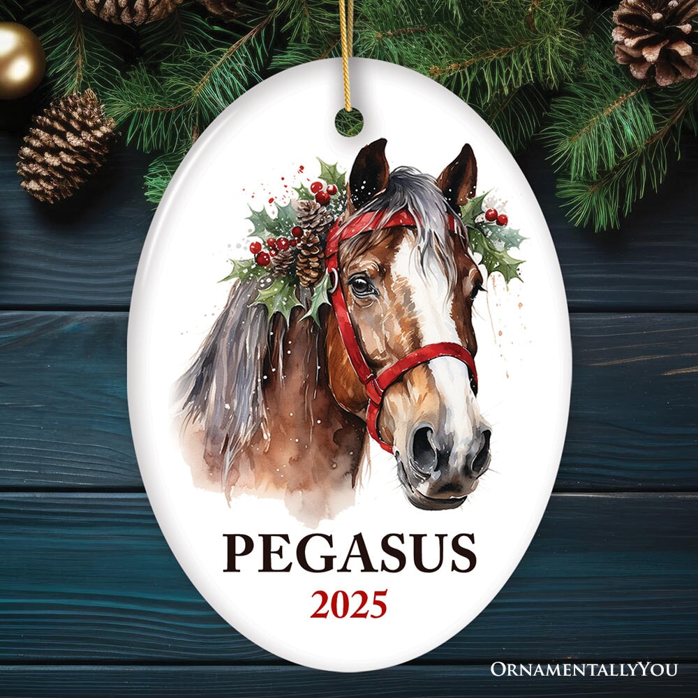 Brown Horse Personalized Ornament, Watercolor Artistic Christmas Gift With Custom Name and Date
