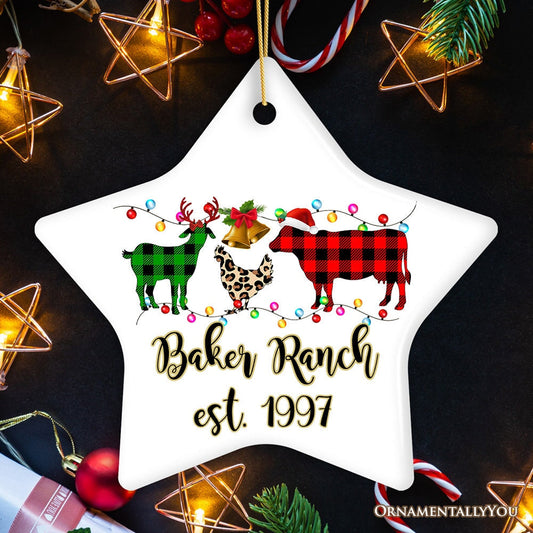 Personalized Farm Animal Buffalo Plaid Leopard Merry Christmas Ornament, Farmhouse Gift