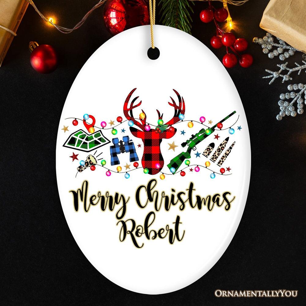 Personalized Buffalo Plaid Hunting Theme Christmas Ornament, Hunter Gift, Red and Green Deer and Gun