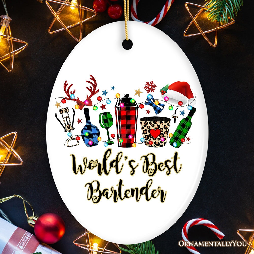 Personalized Bartender Buffalo Plaid Leopard Merry Christmas Ornament Gift