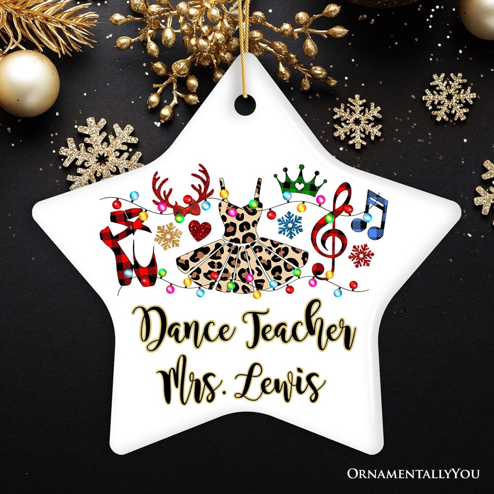 Personalized Ballet Buffalo Plaid Leopard Merry Christmas Ornament, Dance Teacher Gift