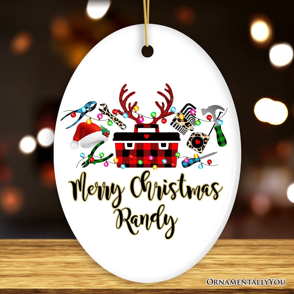 Personalized Handyman Buffalo Plaid Leopard Merry Christmas Ornament Woodworking Gift