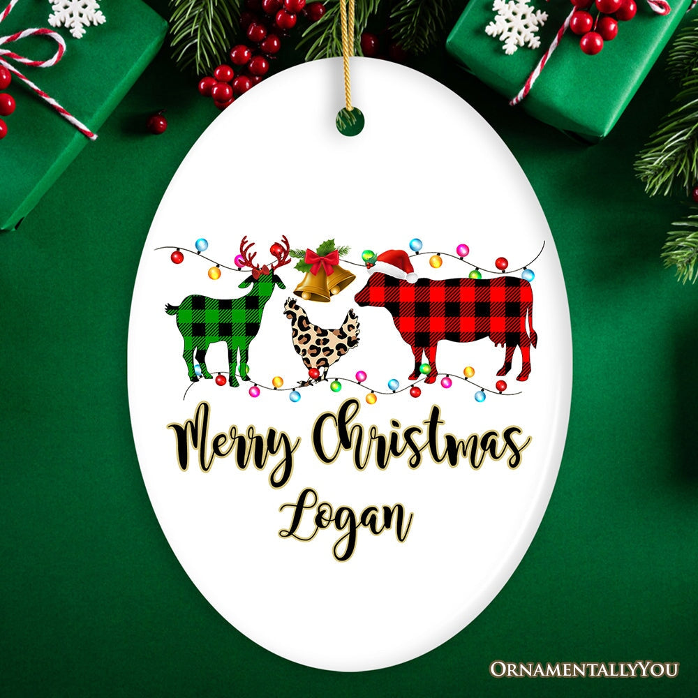 Personalized Farm Animal Buffalo Plaid Leopard Merry Christmas Ornament, Farmhouse Gift