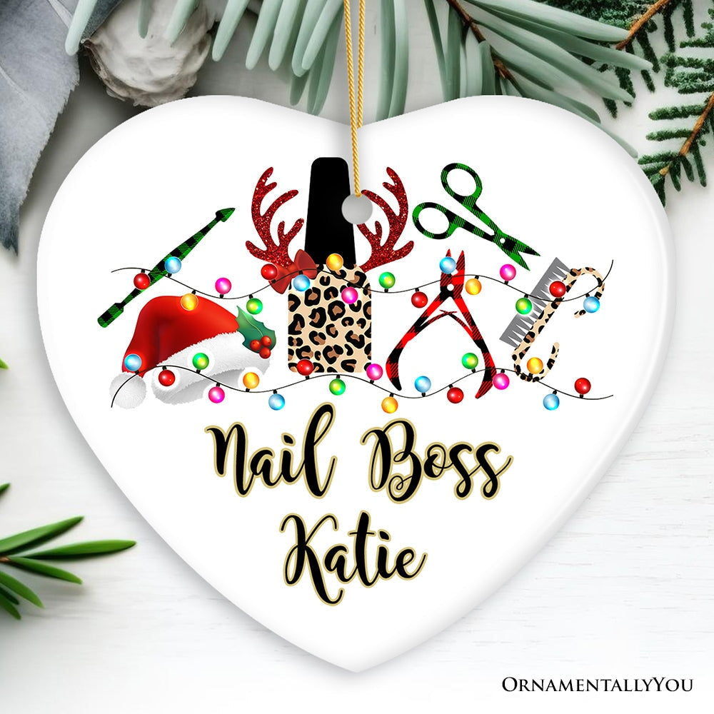 Personalized Nail Tech Buffalo Plaid Leopard Merry Christmas Ornament, Pedicure Gift
