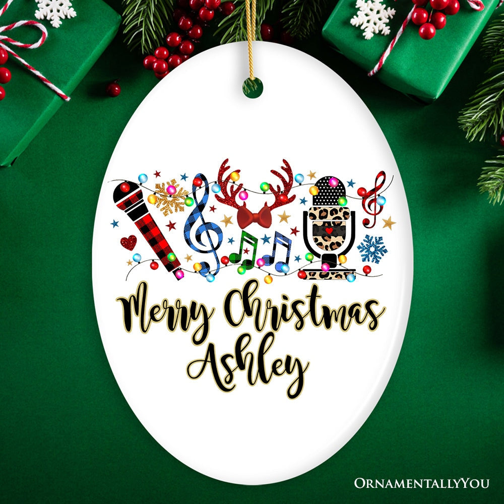 Personalized Singers Buffalo Plaid Leopard Merry Christmas Ornament, Microphone Gift