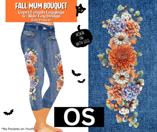 Fall Mum Bouquet Capri Faux Denim w/ Side Leg Designs