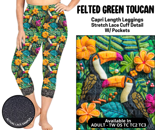 Preorder! Closes 5/12. ETA August. Felted Green Toucan Lace Cuff Capris w/ Pockets