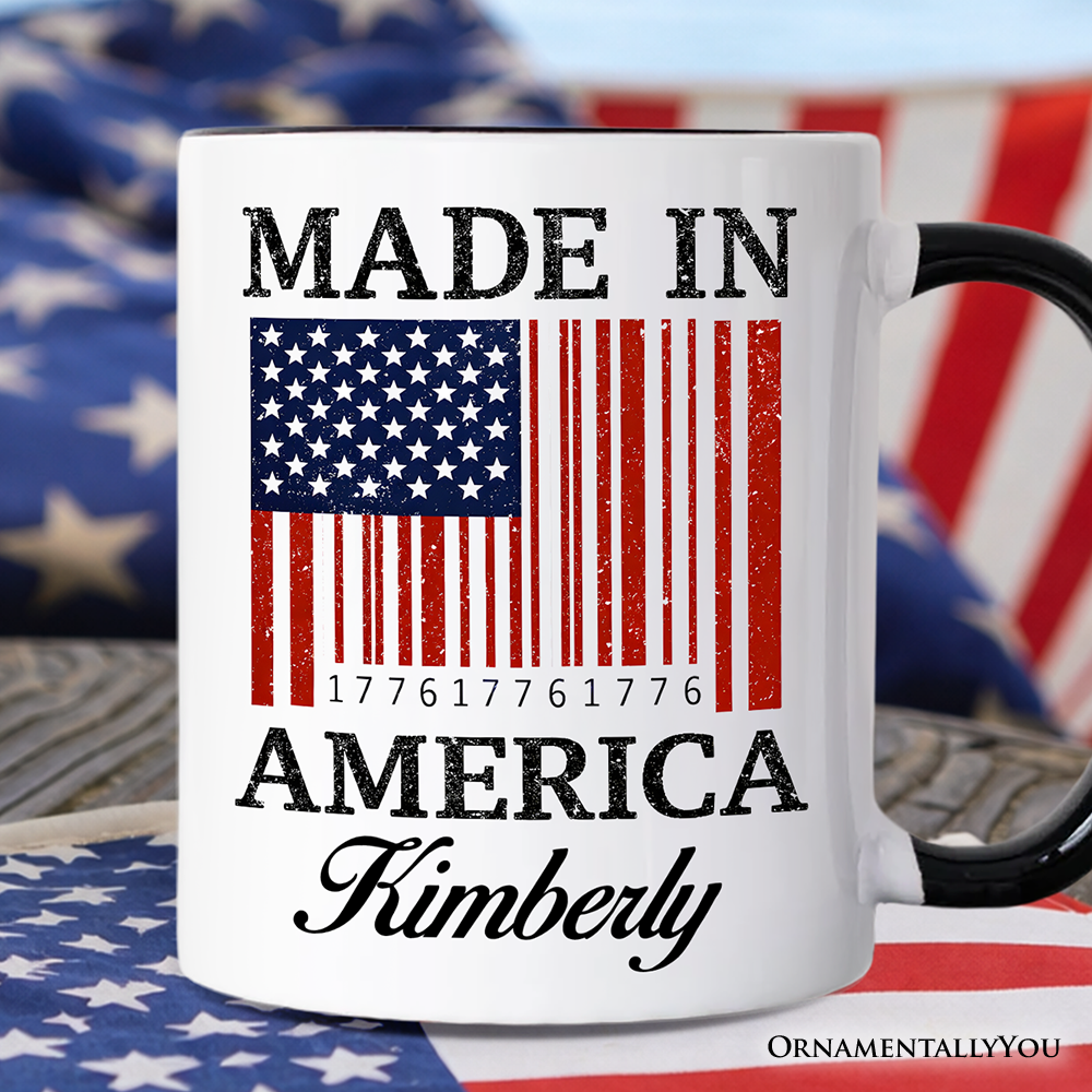 Made In America Bar Code Flag Personalized Mug, Patriotic 1776 USA 250th Anniversary Gift with Custom Name