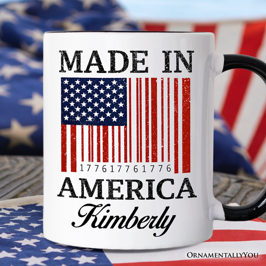 Made In America Bar Code Flag Personalized Mug, Patriotic 1776 USA 250th Anniversary Gift with Custom Name
