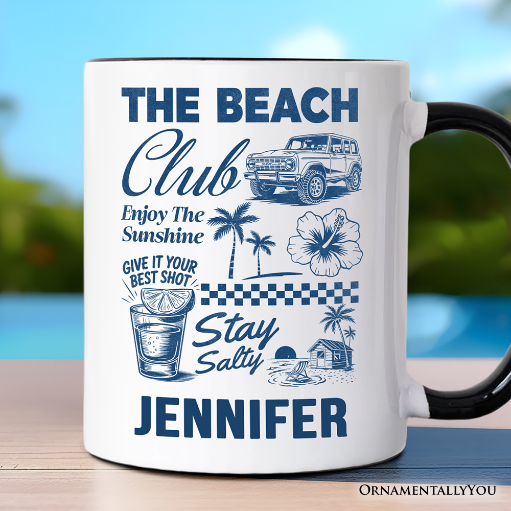 Vintage Coastal Summer Vacation Personalized Mug, The Beach Club Stay Salty Gift with Custom Name
