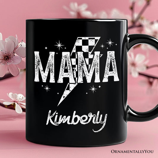 Checkered Lightning Bolt Mama Personalized Mug, Vintage Retro Black and White Gift with Custom Name for Energetic Moms