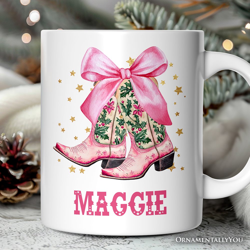 Pink Western Coquette Cowgirl Boots Personalized Mug, Country Holiday Gift with Custom Name