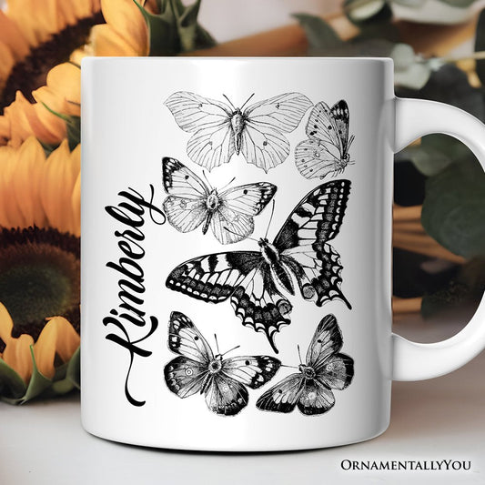 Vintage Butterfly Sketch Personalized Mug, Botanical Insect Art Nature Gift with Custom Name