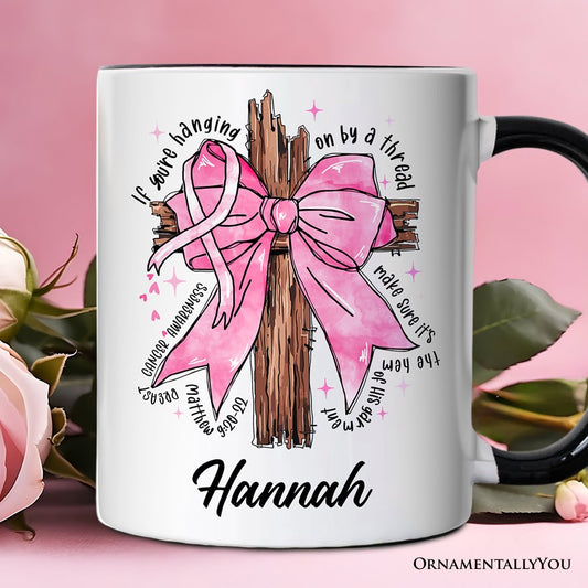 Breast Cancer Pink Bow Cross Personalized Mug, Awareness Faith Christian Gift with Custom Name