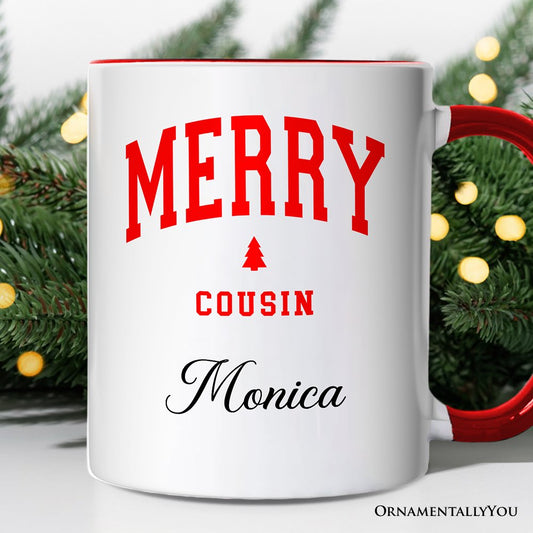 Merry Cousin Retro Christmas Personalized Mug, Matching Family Holiday Gift with Custom Name