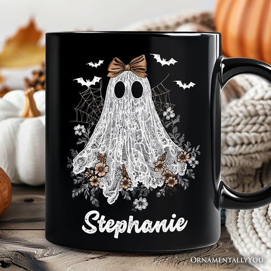 Cute Lace Ghost Coquette Pesonalized Mug, Floral Vintage Halloween Gift with Custom Name