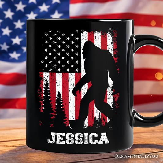 Bigfoot American Flag Personalized Mug, Patriotic Sasquatch Gift with Custom Name