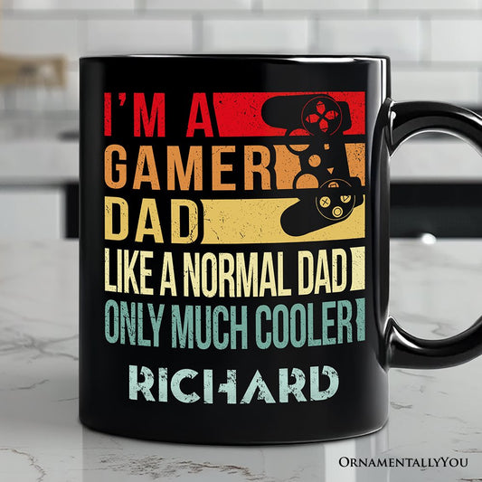 Gamer Dad Controller Personalized Mug, Black Funny Gift for Cool Fathers with Custom Name