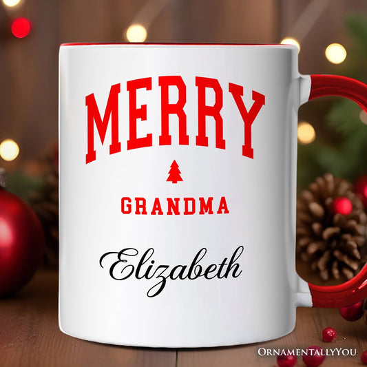 Merry Grandma Retro Christmas Personalized Mug, Matching Family Holiday Gift with Custom Name