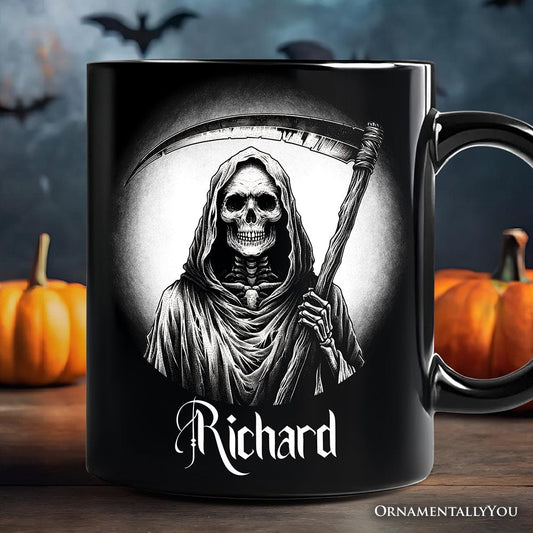 Grim Reaper Spooky Portrait Personalized Mug Horror Villain Theme Halloween Gift with Custom Name