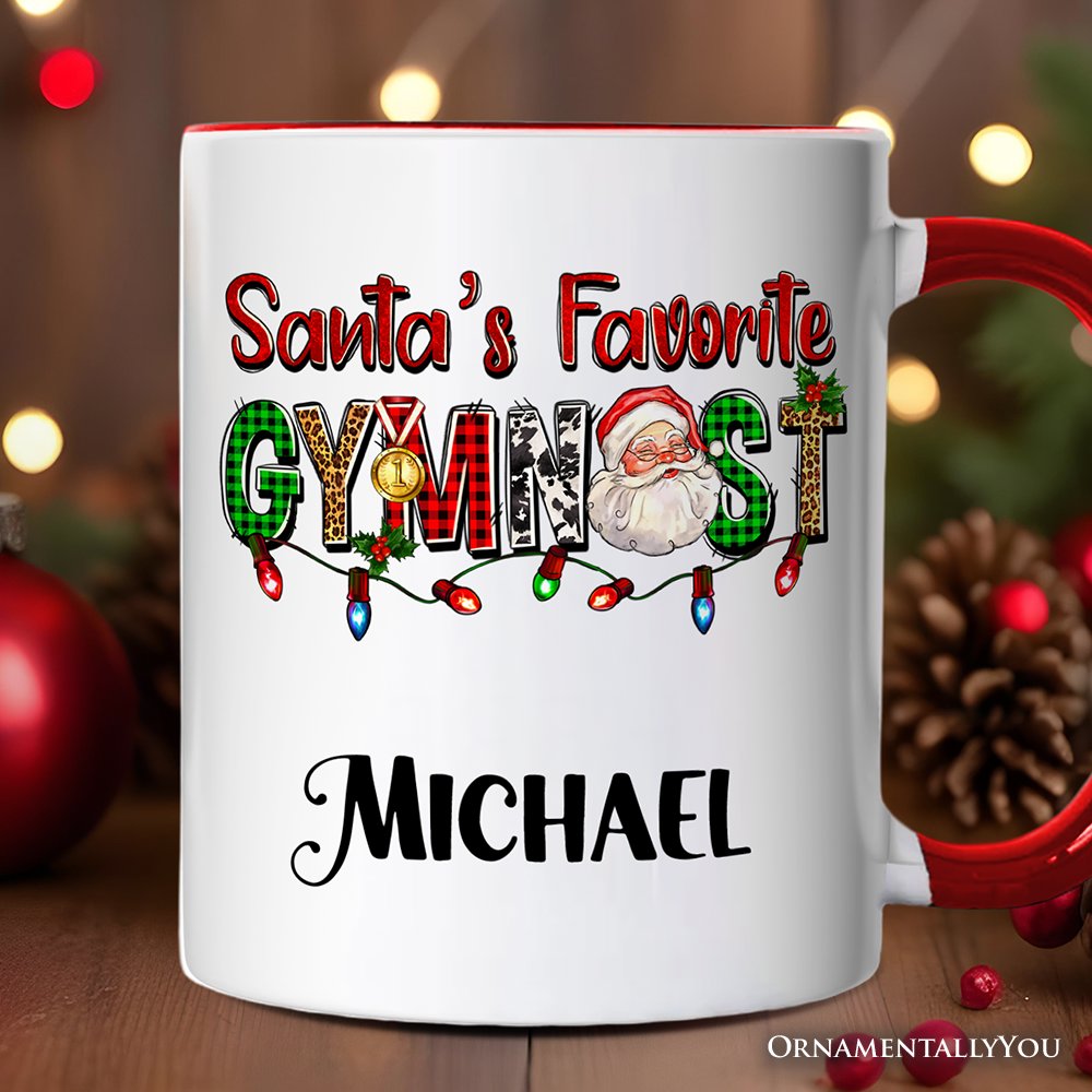 Santa’s Favorite Gymnast Personalized Mug, Plaid Christmas Athelete Gift with Custom Name